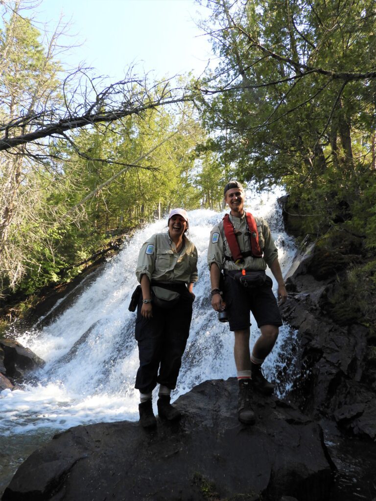 Cat Langille and Jared Walter Stachiw (QPP Assistant Biologists) at Louisa Falls. Credit: Jill Legault.