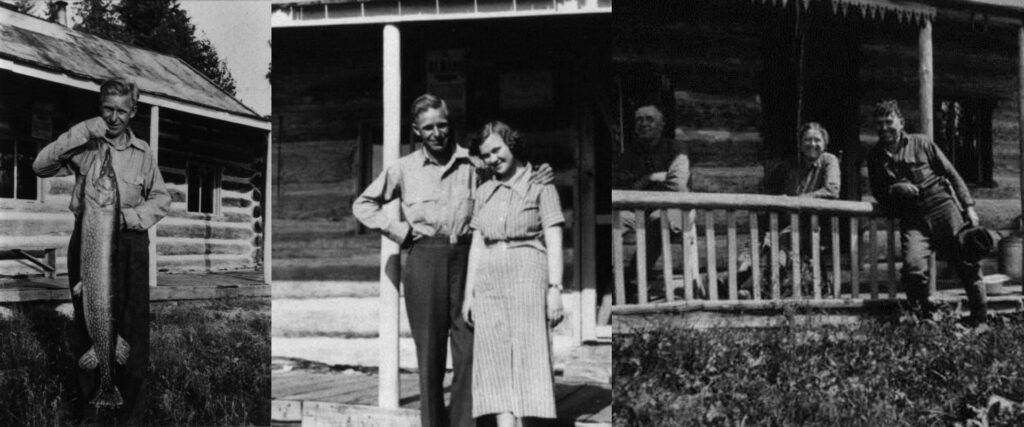 Jess and Kay standing infront of the cabin, Jess holding a lake trout