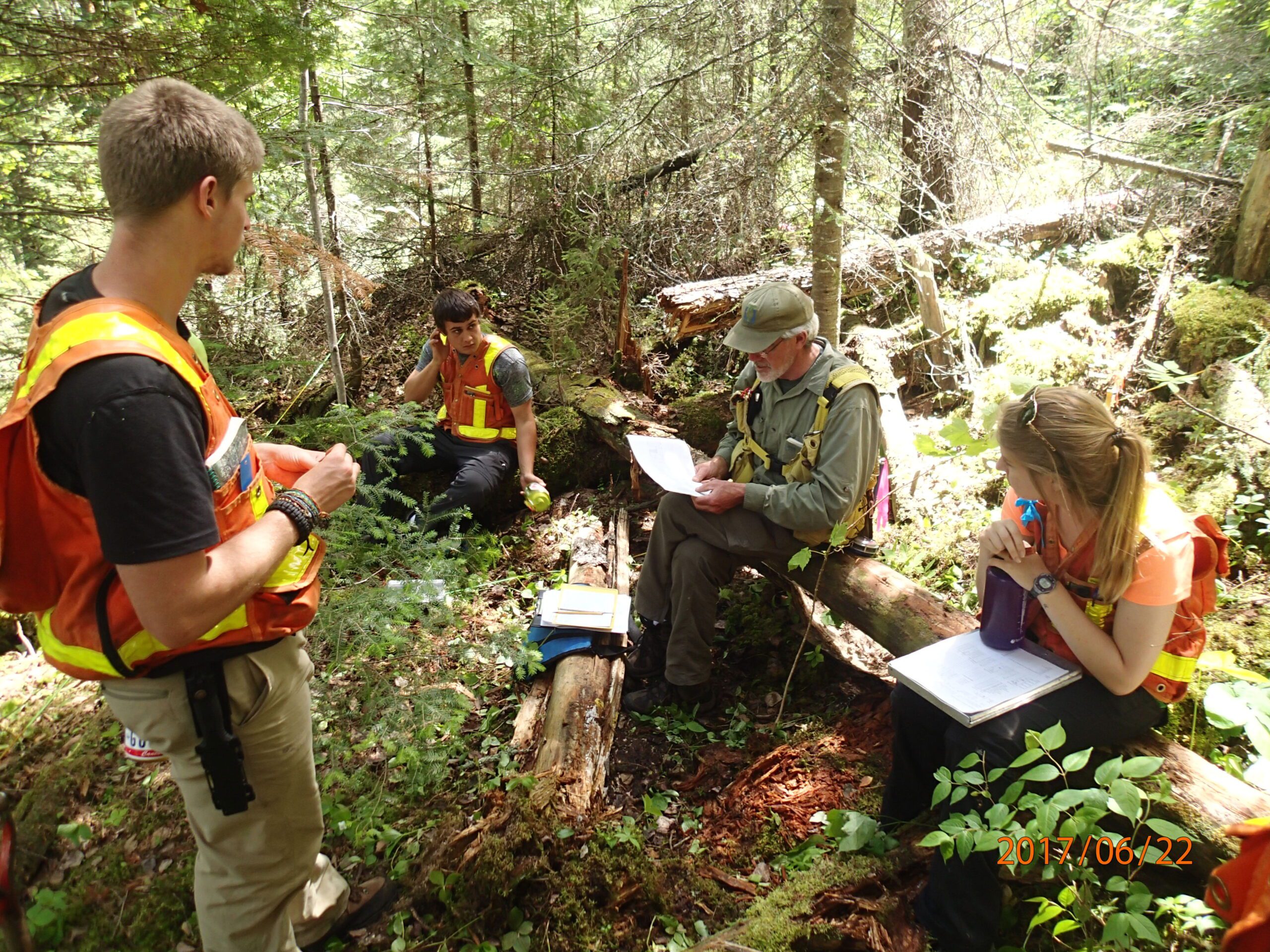 Quetico Foundation Student Summer Research Team familiarizes with vegetation monitoring, with Gerry Racey, before getting further insight into studies of wildfires and planned fire management on a summer-long wilderness canoe excursion. Learn about the work that the Student Summer Research Program does and learn more about the Quetico Foundation here: https://loving-elgamal.162-242-201-56.plesk.page/what-we-do/programs/ Photo credit: Brian Jackson, Quetico Provincial Park Biologist