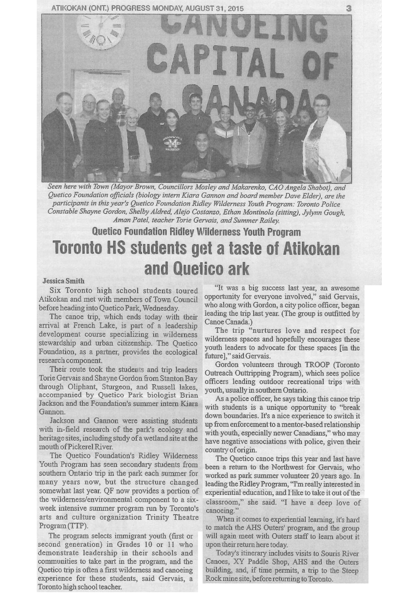 Ridley Wilderness Youth Program 2015 Atikokan Progress